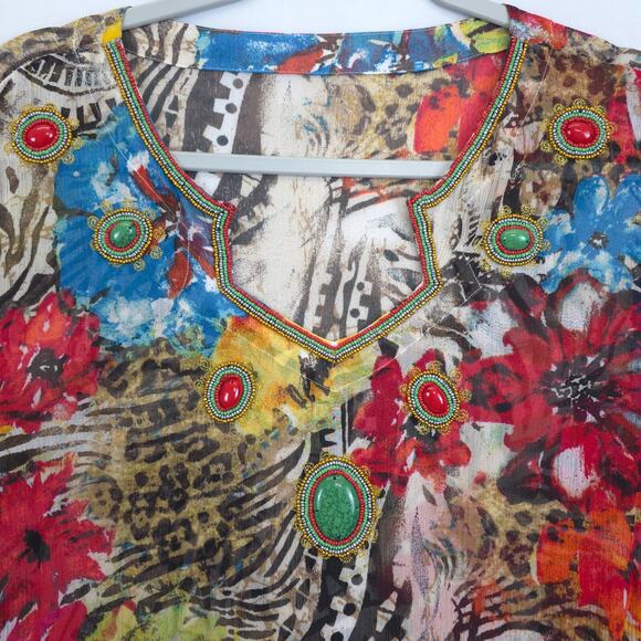 Chicos Tunic Top Mix Print Silk Beaded Women 14 Colorful Sheer Artsy Boho Whimsy - Picture 11 of 12